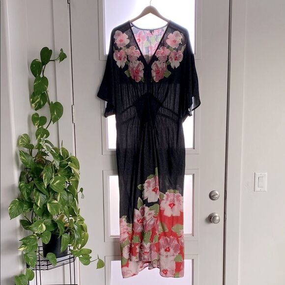 Bl-nk Anthropologie Floral Black Kimono Dress Plus One Size Boho Luxury Vacation - Picture 2 of 13